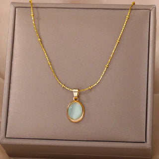 Collier Pendentif Goutte d’Eau en Opale en Acier Inoxydable Doré Chic
